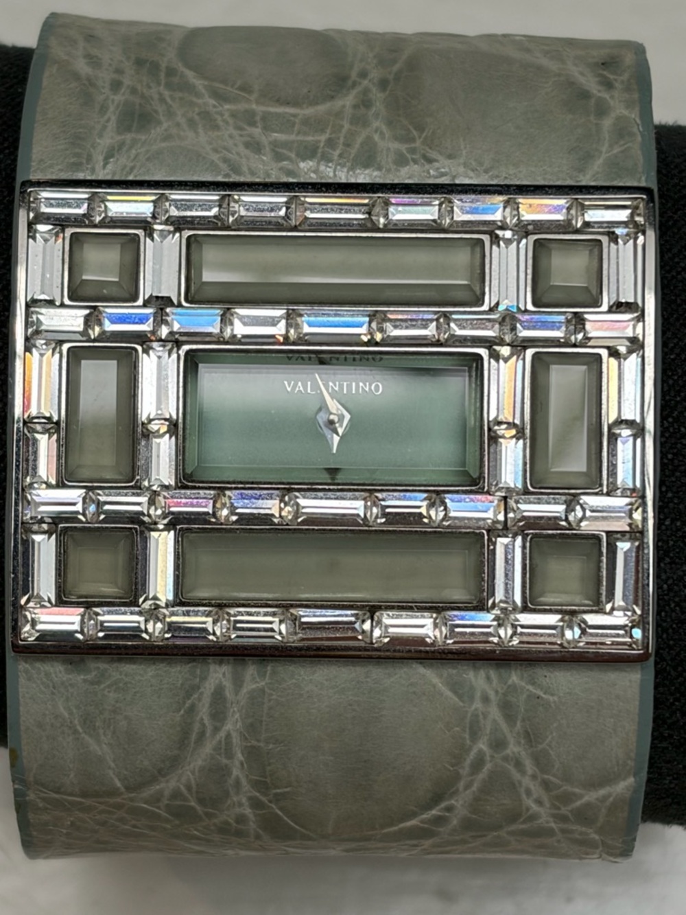 Valentino Silver-Tone Metal Watch Back on Taupe Leather Band